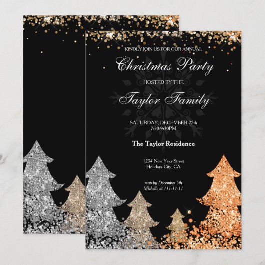 Winter Gold Glitter kerstboomfeest Kaart (Voorkant / Achterkant)