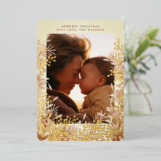 Winter Gold Waterverf kerstkleien Foto Folie Feestdagenkaart (Staand Voorkant)