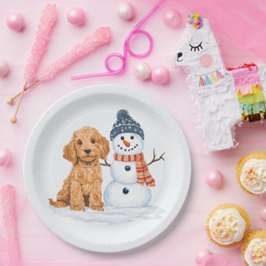 Winter Goldendoodle Dog Cute Snowman Papieren Bordje (Feest)