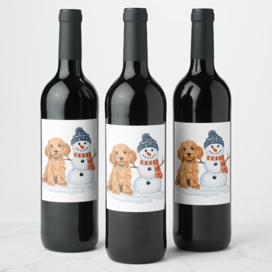Winter Goldendoodle Dog Cute Snowman Wijn Etiket (Flessen)