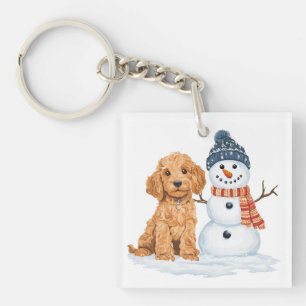 Winter Goldendoodle hond schattige sneeuwman Sleutelhanger