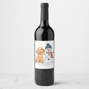 Winter Goldendoodle Hond Schattige Sneeuwman Wijn Etiket
