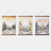 Winter Goud en Grijs Bos Bomen Sneeuw Sparkle Hangend Wandkleed (Driedubbel)