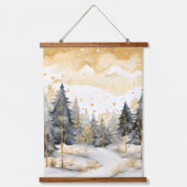 Winter Goud en Grijs Bos Bomen Sneeuw Sparkle Hangend Wandkleed (Voorkant)