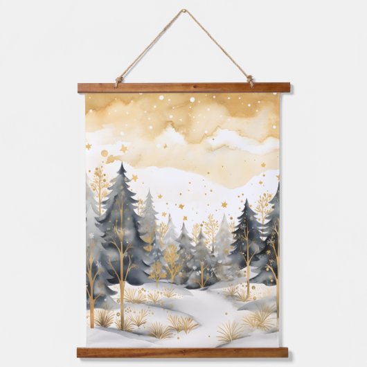 Winter Goud en Grijs Bos Bomen Sneeuw Sparkle Hangend Wandkleed (Voorkant)