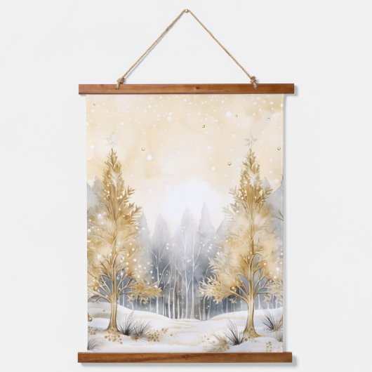 Winter Goud en Grijs Bos Bomen Sneeuw Sparkle Hangend Wandkleed (Voorkant 2)