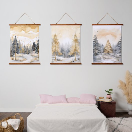 Winter Goud en Grijs Bos Bomen Sneeuw Sparkle Hangend Wandkleed (Slaapkamer)