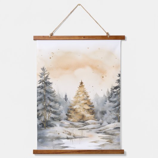 Winter Goud en Grijs Bos Bomen Sneeuw Sparkle Hangend Wandkleed (Voorkant 3)