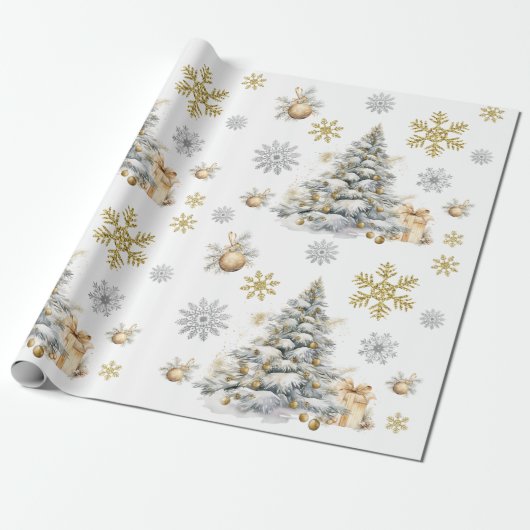 Winter Goud en Zilveren Pijnboom Cadeaupapier (Uitgerold)