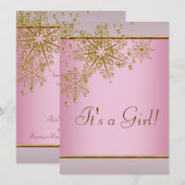 Winter Goud Roze Sneeuwvlokken Baby Meisje Douche Kaart (Voorkant / Achterkant)