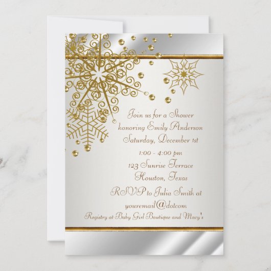 Winter Goud Witte Sneeuwvlokken Baby Meisje Douche Kaart (Achterkant)