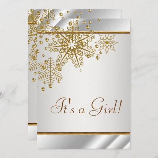 Winter Goud Witte Sneeuwvlokken Baby Meisje Douche Kaart (Voorkant / Achterkant)