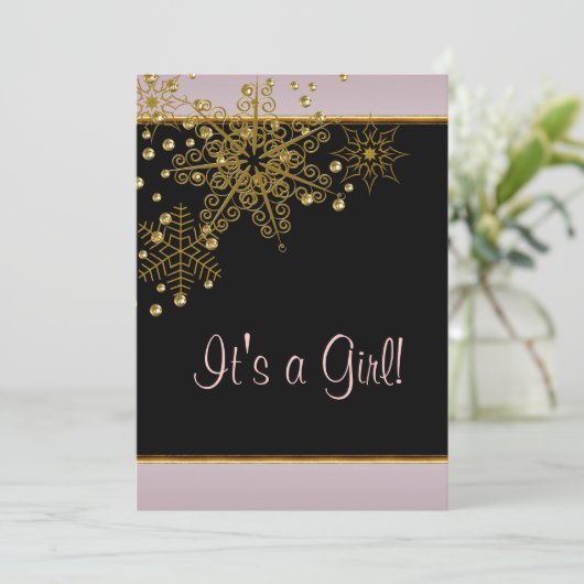 Winter Goud Zwart Roze Sneeuwvlokken Baby Meisje D Kaart (Staand voorkant)