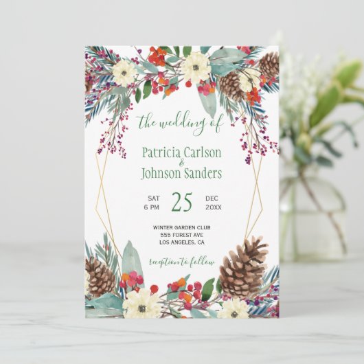 Winter gouden lijst bloemenkrans Kerstbruiloft Kaart (Staand voorkant)