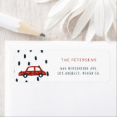 Winter grappige rode auto moderne sneeuw vakantie etiket (Insitu)