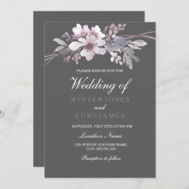 Winter Gray Elegant Floral Wedding Invitation Kaart