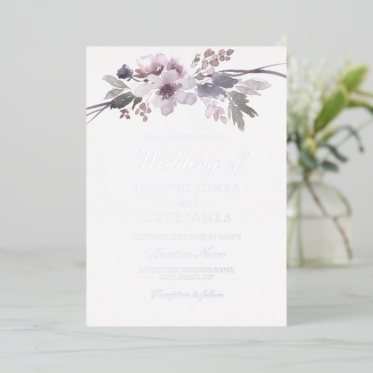 Winter Gray Floral Waterverf Wedding Silver Folie Uitnodiging (Staand Voorkant)