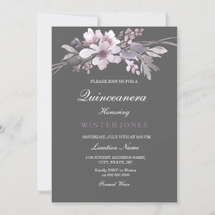 Winter Gray Paars Floral Quinceanera Kaart
