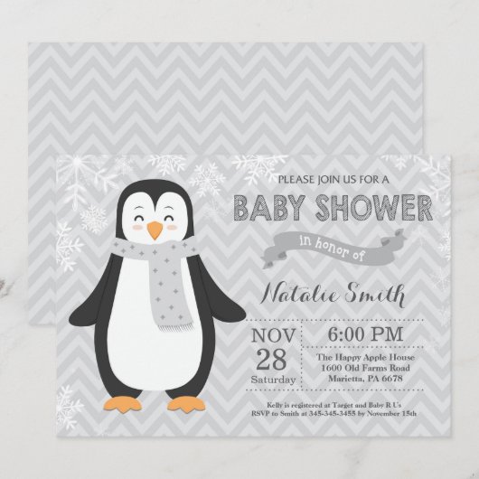 Winter Gray Penguin Baby shower Uitnodiging (Voorkant / Achterkant)