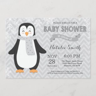 Winter Gray Penguin Baby shower Uitnodiging