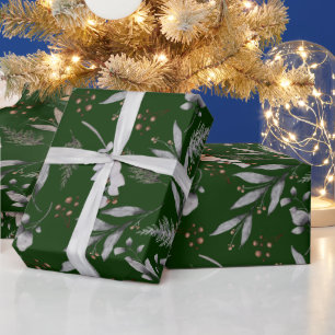 Winter Green Leaves Berries Pine Waterverf Cadeaupapier
