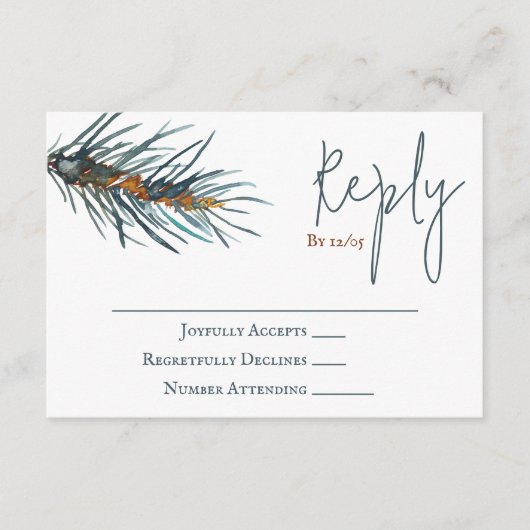 Winter Green Pine Needles Wedding RSVP Card Advieskaart (Voorkant)