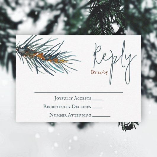 Winter Green Pine Needles Wedding RSVP Card Advieskaart