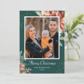 Winter Green Red Floral Merry kerstfoto Feestdagenkaart (Staand voorkant)