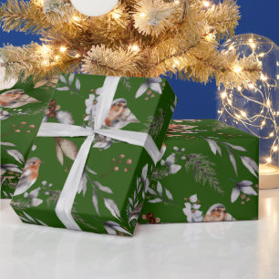 Winter Green Robin Greenery Waterverf Cadeaupapier
