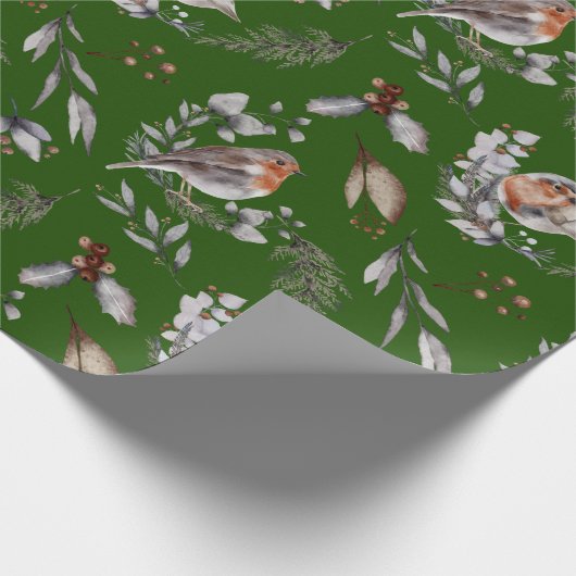 Winter Green Robin Greenery Waterverf Cadeaupapier (Hoek)