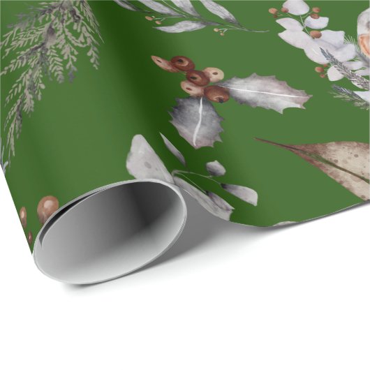 Winter Green Robin Greenery Waterverf Cadeaupapier (Rol Hoek)