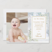 Winter Greenery 1st Birthday Foto Bedankkaart (Voorkant)