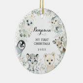 Winter Greenery Arctic Animals Baby 1e Kerstmis Keramisch Ornament (Rechts)
