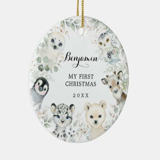 Winter Greenery Arctic Animals Baby 1e Kerstmis Keramisch Ornament (Rechts)