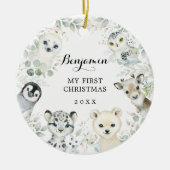 Winter Greenery Arctic Animals Baby 1e Kerstmis Keramisch Ornament (Voorkant)