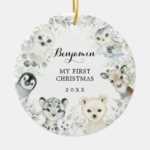 Winter Greenery Arctic Animals Baby 1e Kerstmis Keramisch Ornament