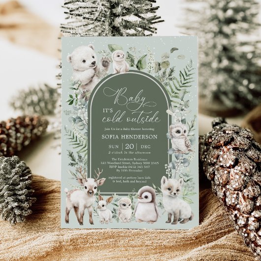 Winter Greenery Arctic Animals Neutraal Baby showe Kaart