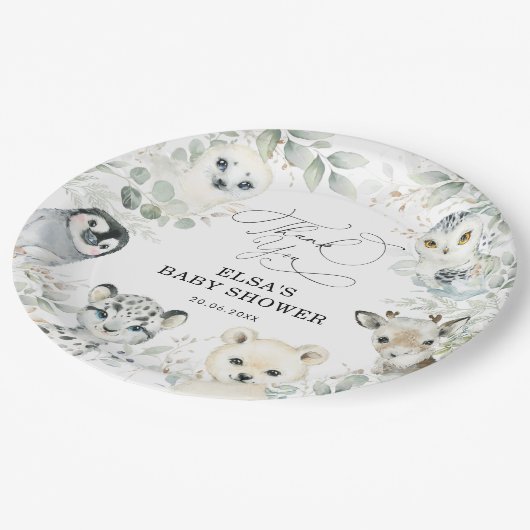 Winter Greenery Arctic Animals Neutraal Baby showe Papieren Bordje (Gekanteld)