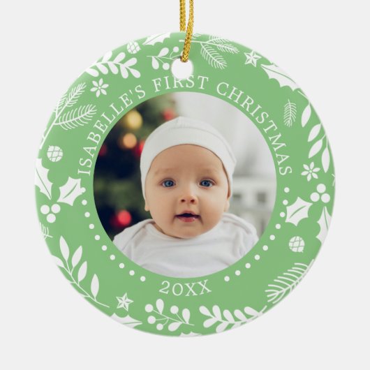 Winter Greenery Baby eerste kerstfoto's Keramisch Ornament (Voorkant)