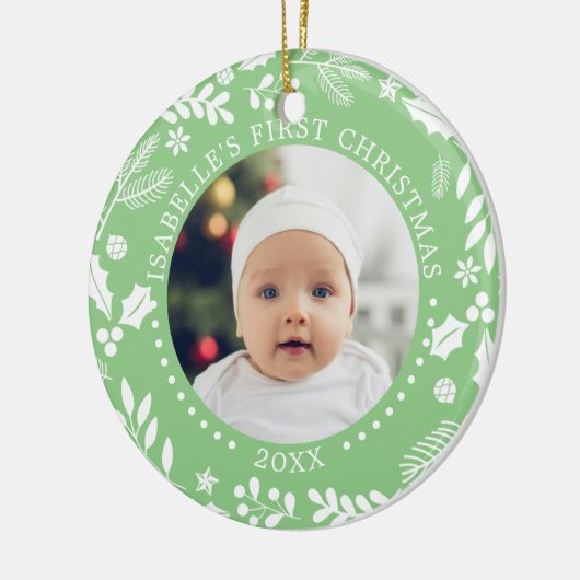 Winter Greenery Baby eerste kerstfoto's Keramisch Ornament (Links)
