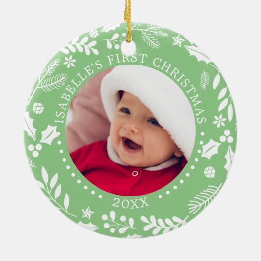 Winter Greenery Baby eerste kerstfoto's Keramisch Ornament (Achterkant)