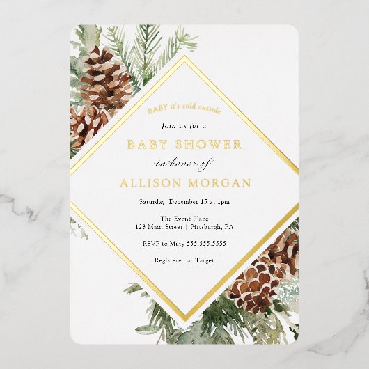 Winter Greenery Baby shower Folie Folie Uitnodiging (Voorkant)