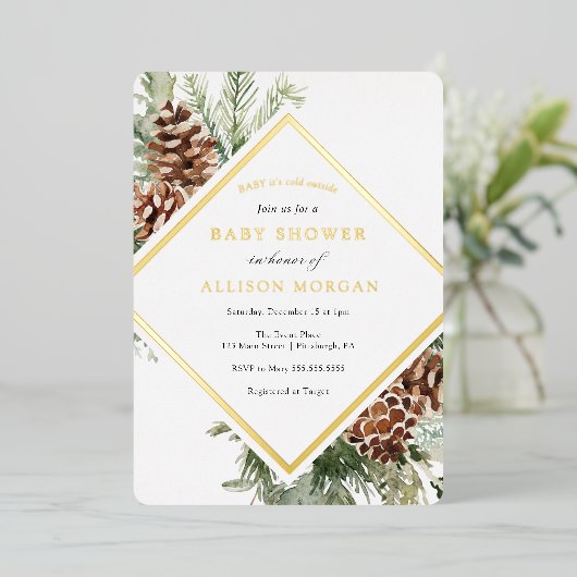 Winter Greenery Baby shower Folie Folie Uitnodiging (Staand Voorkant)