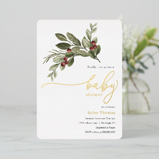 Winter Greenery Baby shower Folie Uitnodiging (Staand Voorkant)