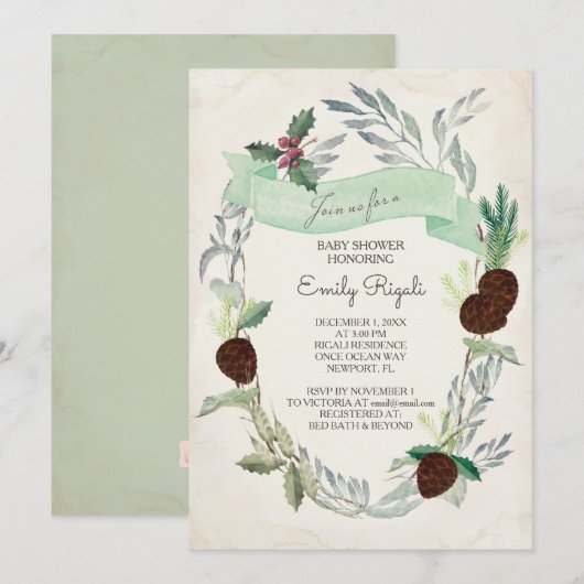 Winter Greenery Baby shower Invitation Kaart (Voorkant / Achterkant)