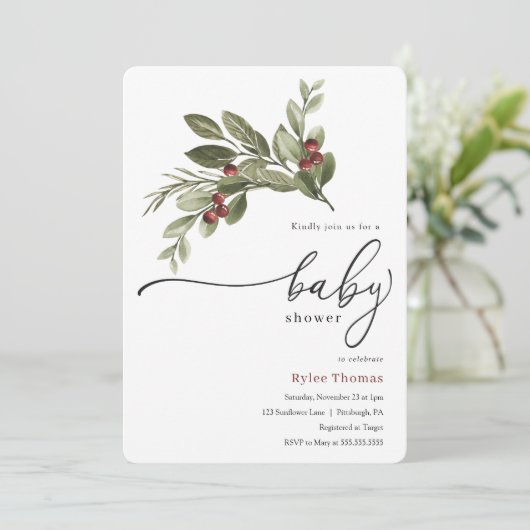 Winter Greenery Baby shower Kaart (Staand voorkant)