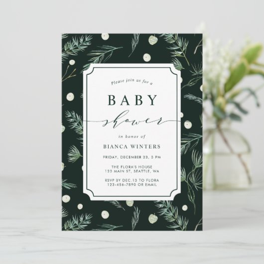 Winter Greenery Baby shower Kaart (Staand voorkant)