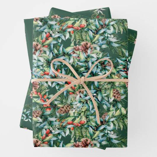 Winter Greenery, Bells en Pinecone Kerstmis Inpakpapier Vel (In situ)