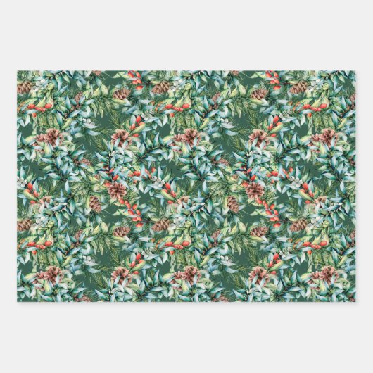 Winter Greenery, Bells en Pinecone Kerstmis Inpakpapier Vel (Voorkant)