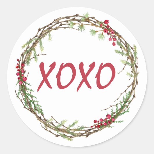 Winter Greenery Berries Wreate Kerstmis XOXO Ronde Sticker (Voorkant)